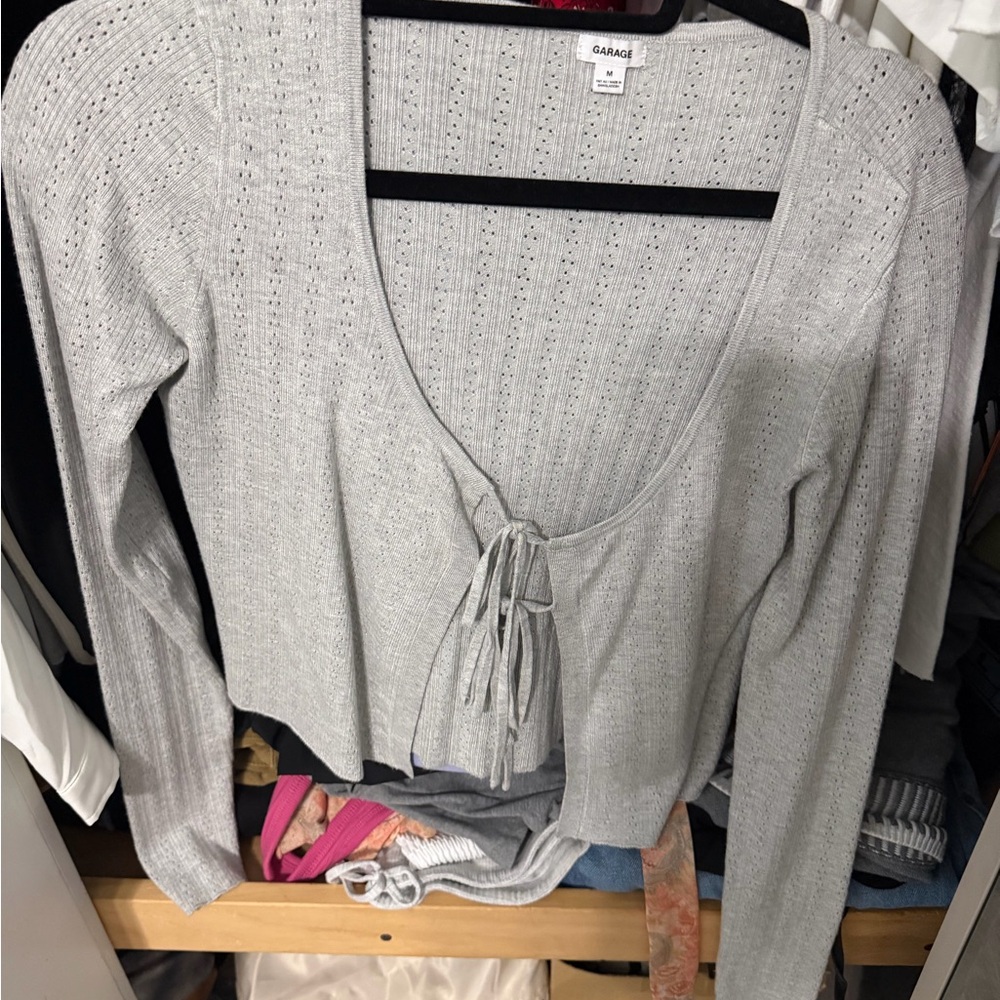 Garage Light Gray Tie-Front Long Sleeve Top